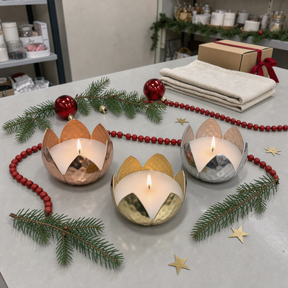 Hammered Lotus Candle Holder – Set of 3 | Copper, Brass & Silver Finish