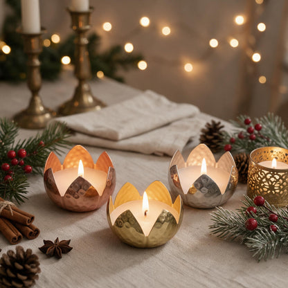 Hammered Lotus Candle Holder – Set of 3 | Copper, Brass & Silver Finish