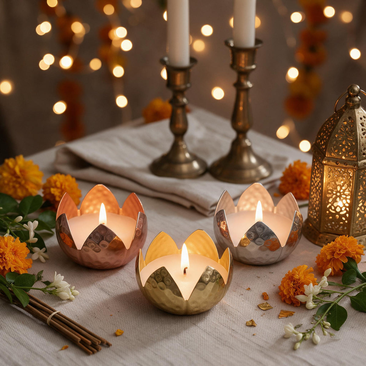 Hammered Lotus Candle Holder – Set of 3 | Copper, Brass & Silver Finish