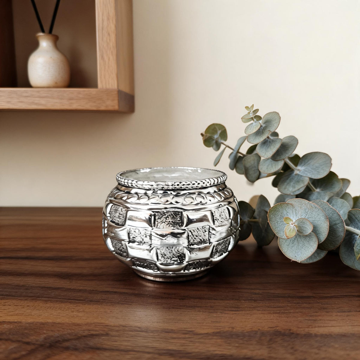 Silver Plated Basket Weave Pot Shaped Decorative Bowl set of 2 – Handcrafted Matki Style Tealight Holder & Multipurpose Organiser