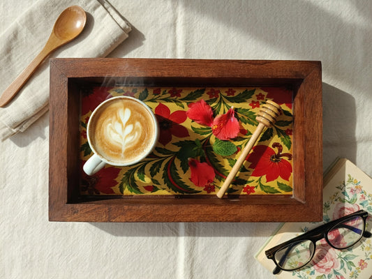 Handcrafted Wooden Serving Tray with Red Floral Print – Rustic Rectangular Tea & Coffee Tray for Home Decor
