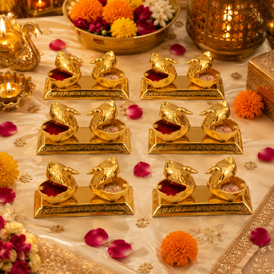 Brass Swan Kumkum & Chawal Holder with Diya (Set of 6)