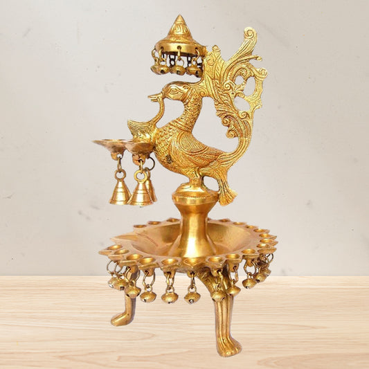 Brass Peacock Mayura Design Oil lamp with Base and Bells