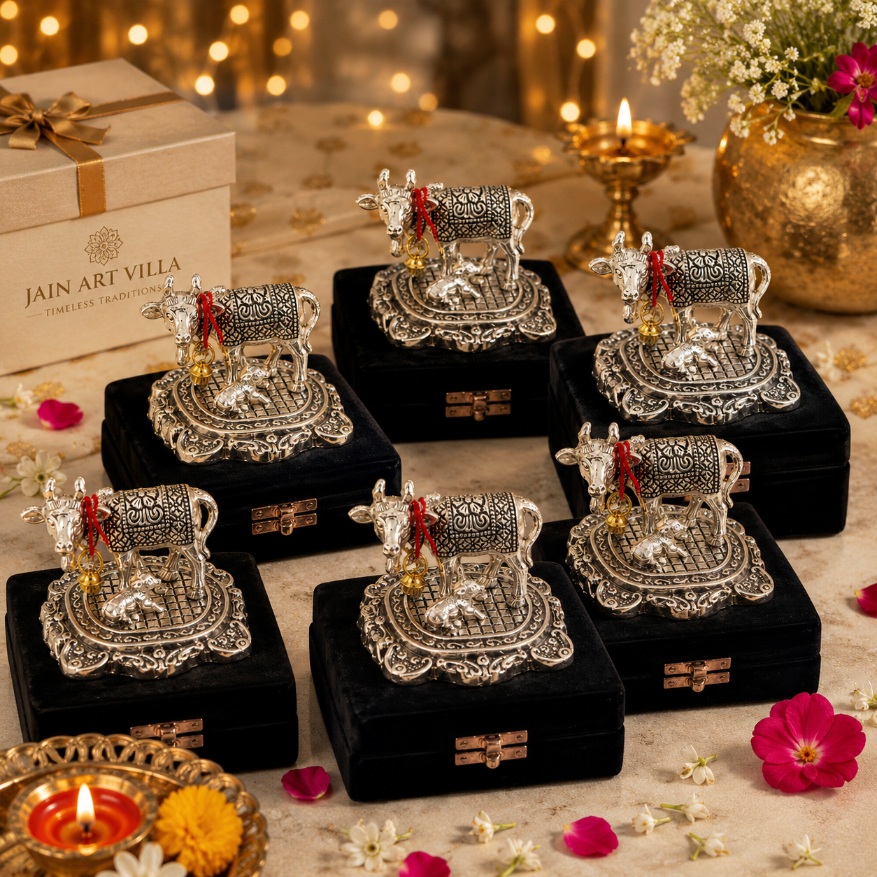 German Silver plated Kamdhenu Cow Idol with Calf (set of 6)