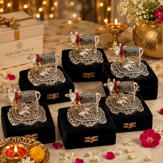 German Silver plated Kamdhenu Cow Idol with Calf (set of 6)