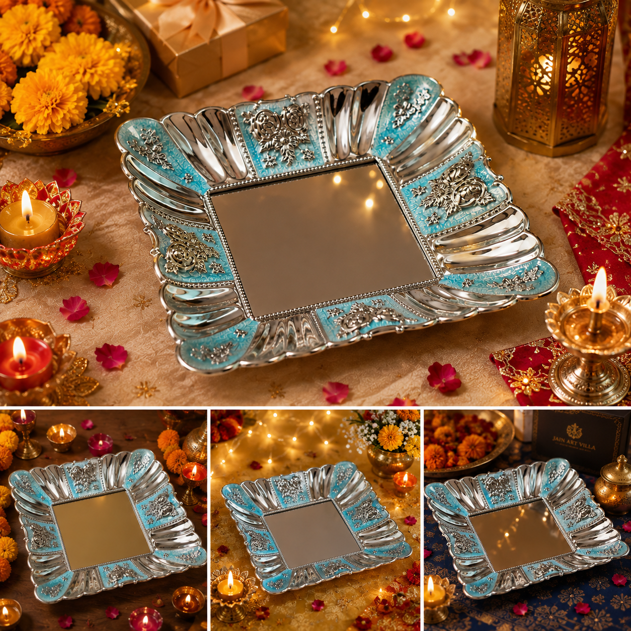 Premium German Silver Blue Meenakari Decorative Tray – Square Serving Tray for Dry Fruits, Pooja & Festive Gifting