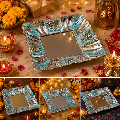 Premium German Silver Blue Meenakari Decorative Tray – Square Serving Tray for Dry Fruits, Pooja & Festive Gifting