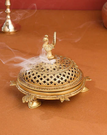 BRASS TORTOISE PEACOCK DHOOP DANI & INCENSE HOLDER (5 INCH)