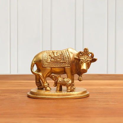 BRASS KAMDHENU COW WITH CALF IDOL (2.5 INCH)