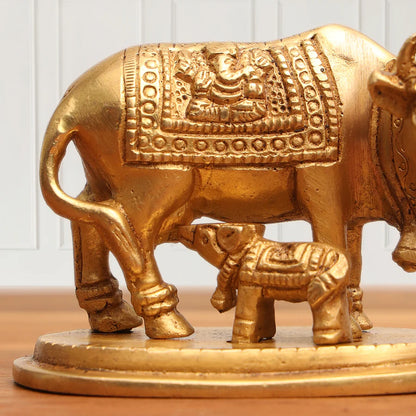 BRASS KAMDHENU COW WITH CALF IDOL (2.5 INCH)