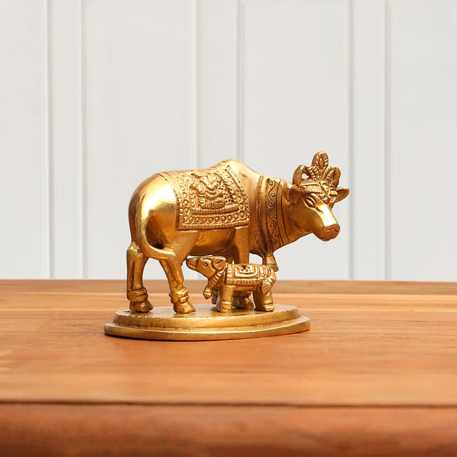 BRASS KAMDHENU COW WITH CALF IDOL (2.5 INCH)