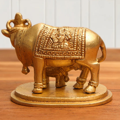 BRASS KAMDHENU COW WITH CALF IDOL (2.5 INCH)