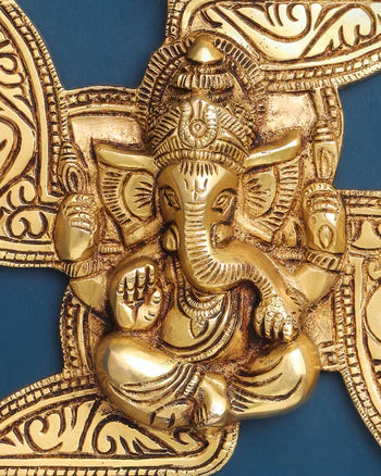 BRASS GANESHA ON SWASTIK WALL HANGING (7 INCH)