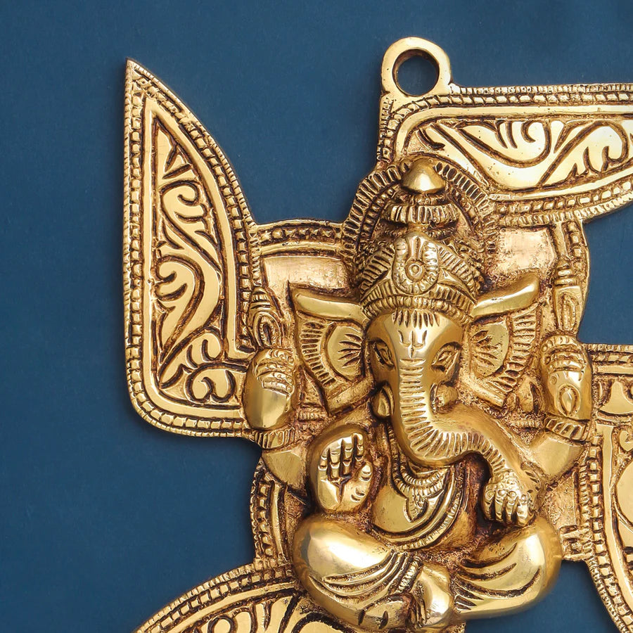 BRASS GANESHA ON SWASTIK WALL HANGING (7 INCH)