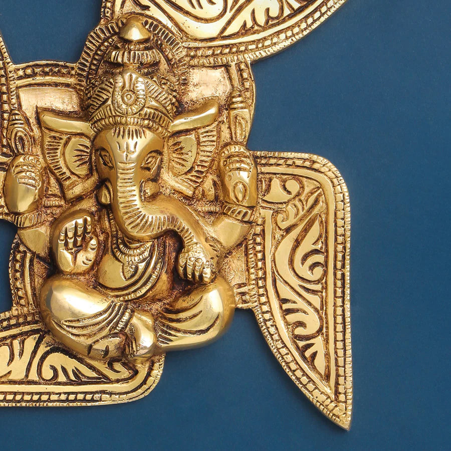 BRASS GANESHA ON SWASTIK WALL HANGING (7 INCH)