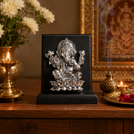 999 Pure Silver Lord Ganesha Idol on Wooden Base for Home & Office