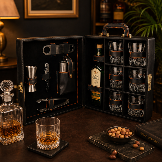 Portable Leatherette Bar Set with 6 Whiskey Glasses | Premium Kit