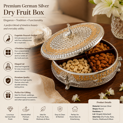 Premium German Silver Round 4 Partition Dry Fruit Box with Hinged Lid | Peacock Design Dry Fruit Serving Box for Gifts & Home Decor