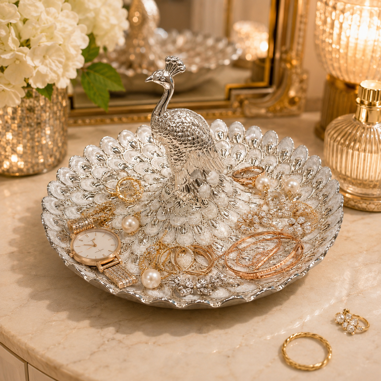 Luxury Silver Peacock Jewellery Organizer Tray | Elegant Centerpiece for Home Décor & Festive Gifting