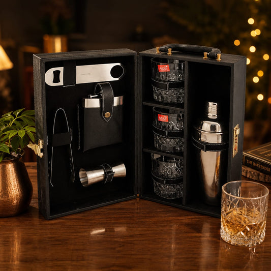 Premium Travel Portable Bar set Black Leather- 3 glass