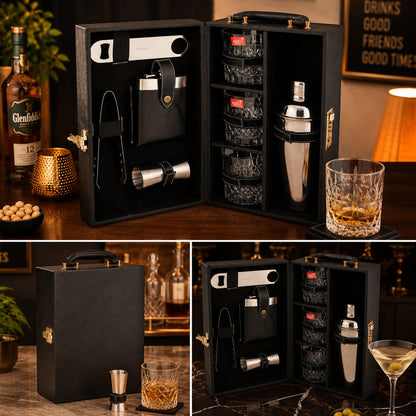 Premium Travel Portable Bar set Black Leather- 3 glass