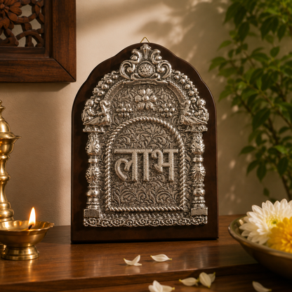 999 Silver Shubh Labh Wall Hanging Set with Wooden Base | Vastu & Entrance Decor | Luxury Gift