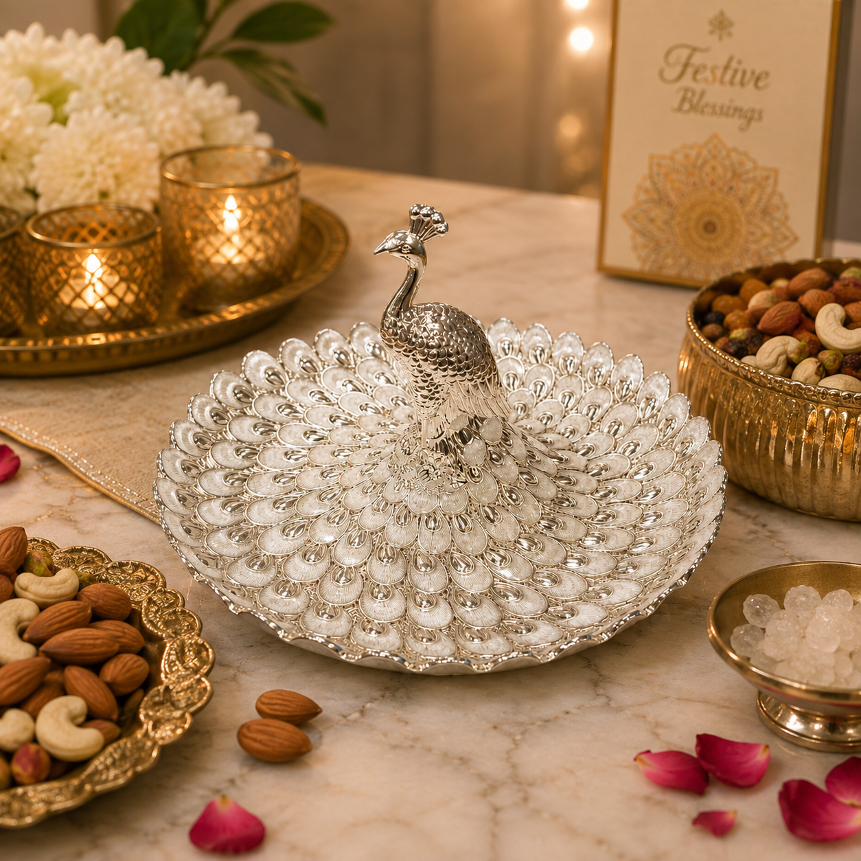 Luxury Silver Peacock Jewellery Organizer Tray | Elegant Centerpiece for Home Décor & Festive Gifting