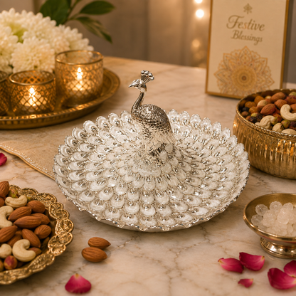 Luxury Silver Peacock Jewellery Organizer Tray | Elegant Centerpiece for Home Décor & Festive Gifting