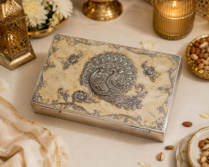 Premium German Silver 6 Partition Dry Fruit Box with Hinged Lid | Decorative Serving Box for Dry Fruits & Nuts