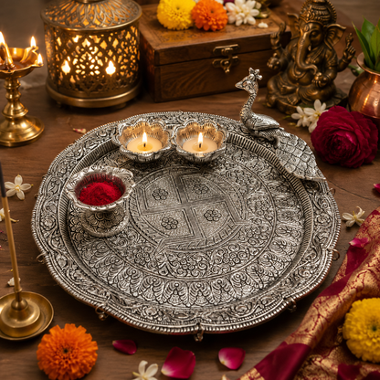 German Silver Peacock Pooja Thali Set | Traditional Designer Puja Thali for Diwali, Festive Worship & Gifting