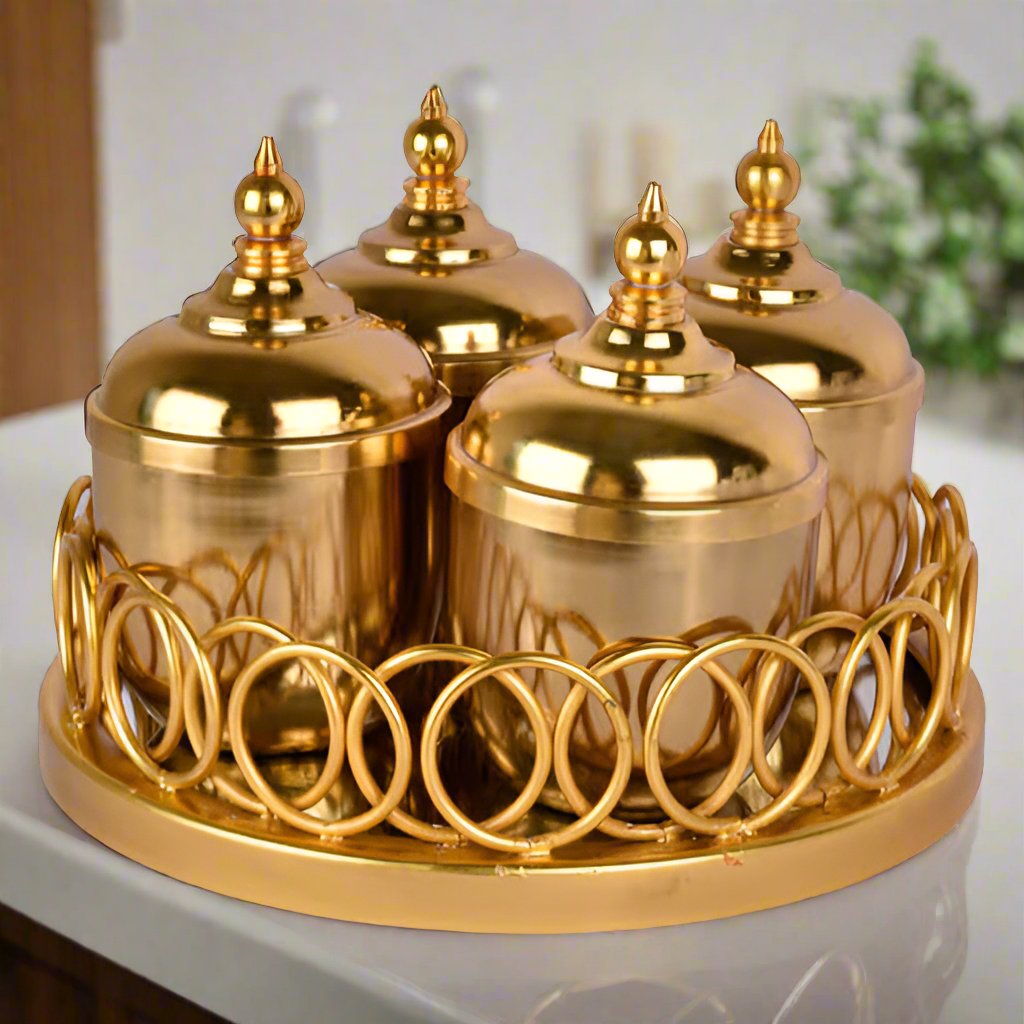 Golden Brass Jars with Mirror Tray