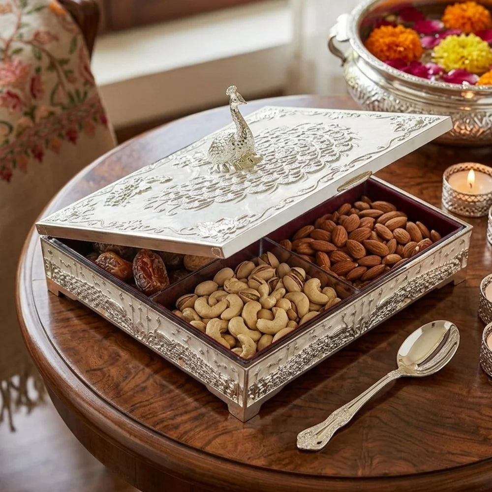 German Silver 4 Partition Dry Fruit Serving Box with Hinged Lid | Premium Dry Fruit Storage Box