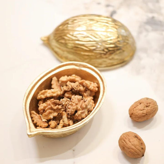 JAIN ART VILLA Walnut-Shaped Dry Fruit Platter, Gold Finish, Brass Serving Bowl, Decorative Snack Tray, Medium