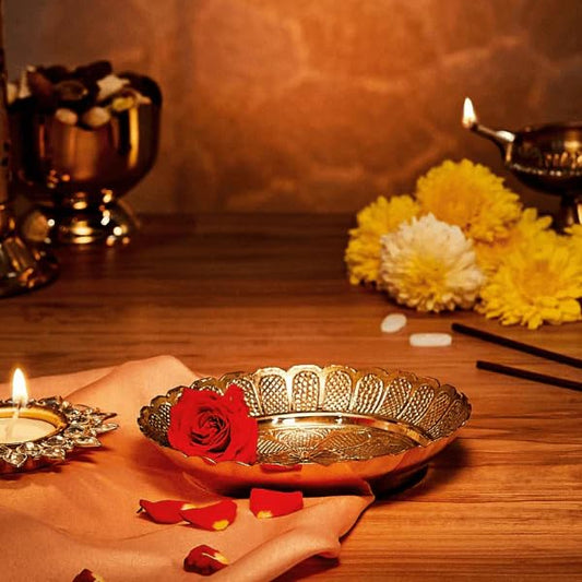 JAIN ART VILLA Brass Pooja Thali, Traditional Handcrafted Pital Aarti Plate for Home Temple, Religious Worship, Decorative Gift (10 Inch) - JAIN ART VILLA
