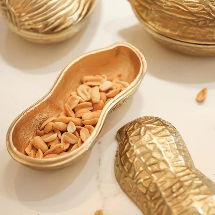 JAIN ART VILLA Peanut-Shaped Dry Fruit Platter, Gold Finish, Brass Serving Bowl, Decorative Snack Tray, Medium