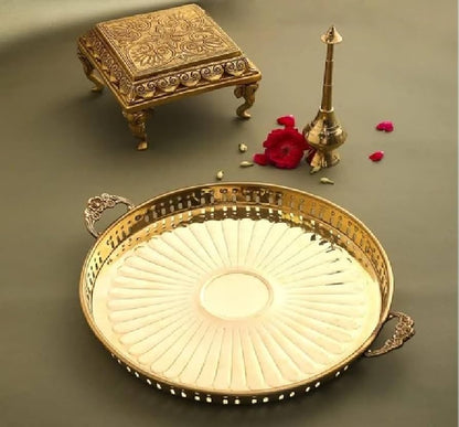 Handcrafted Brass Pooja Thali with Handles – Round Puja Plate with Perforated Jali Border & Sunburst Design - 12 inch