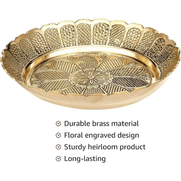 JAIN ART VILLA Brass Pooja Thali, Traditional Handcrafted Pital Aarti Plate for Home Temple, Religious Worship, Decorative Gift (6 Inch)