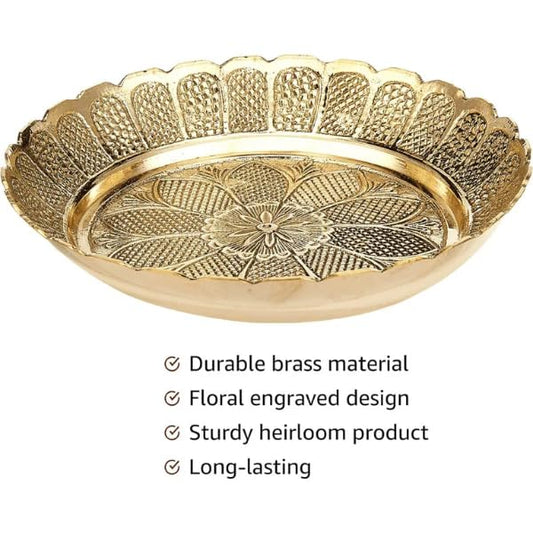 JAIN ART VILLA Brass Pooja Thali, Traditional Handcrafted Pital Aarti Plate for Home Temple, Religious Worship, Decorative Gift (5 Inch)