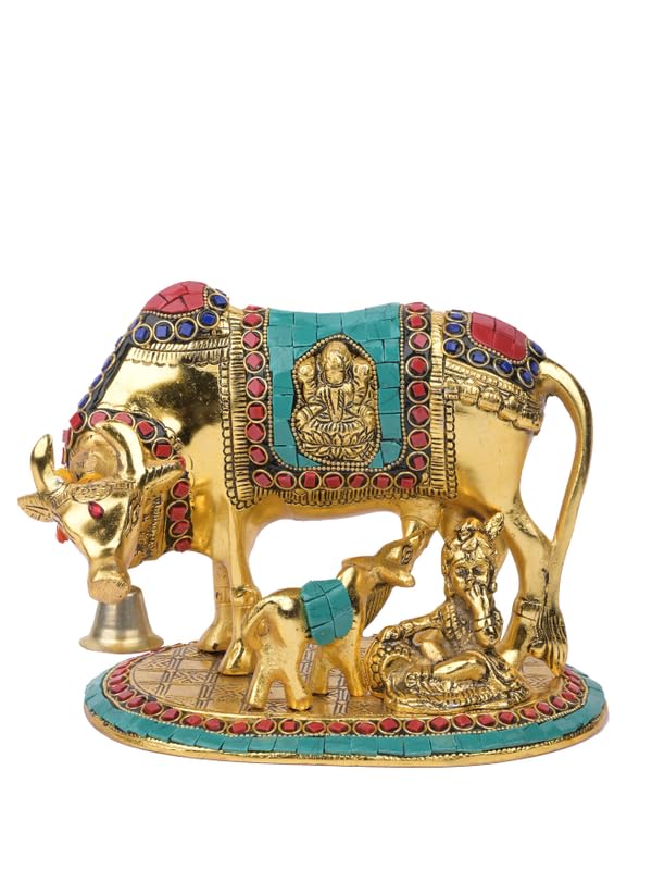 Kamdhenu Cow and Calf Statue, 8 x 6 Inch, Gold & Turquoise Beaded Decor Idol, Divine Kamdhenu MATA Murti for Home Temple, Puja, Gifting & Traditional Hindu Decoration
