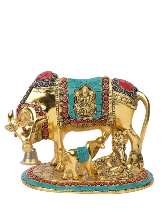 Kamdhenu Cow and Calf Statue, 8 x 6 Inch, Gold & Turquoise Beaded Decor Idol, Divine Kamdhenu MATA Murti for Home Temple, Puja, Gifting & Traditional Hindu Decoration