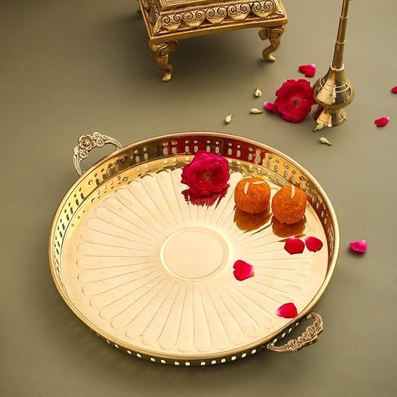 Handcrafted Brass Pooja Thali with Handles – Round Puja Plate with Perforated Jali Border & Sunburst Design - 12 inch
