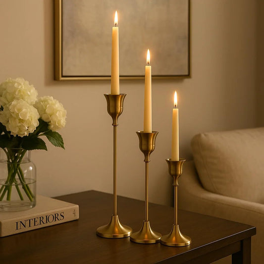 JAIN ART VILLA Vintage Brass Candlestick Holders Set of 3 | Graduated Height Taper Candle Holders | European Style Decorative Candle Stands for Home Décor,...