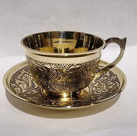 JAIN ART VILLA Brass Tea Cup and Saucer Set, Embossed Floral Design, 150 ML, pACK OF 4