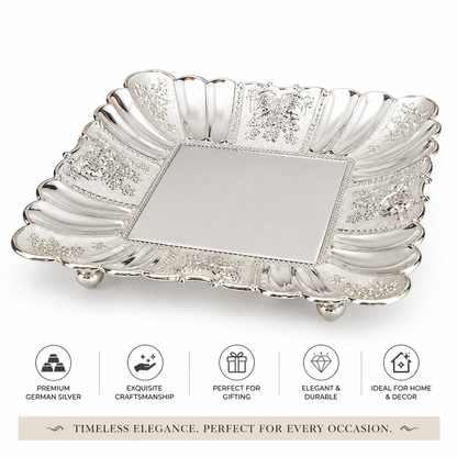 Premium German Silver Meenakari Decorative Tray – Square Serving Tray for Dry Fruits, Pooja & Festive Gifting