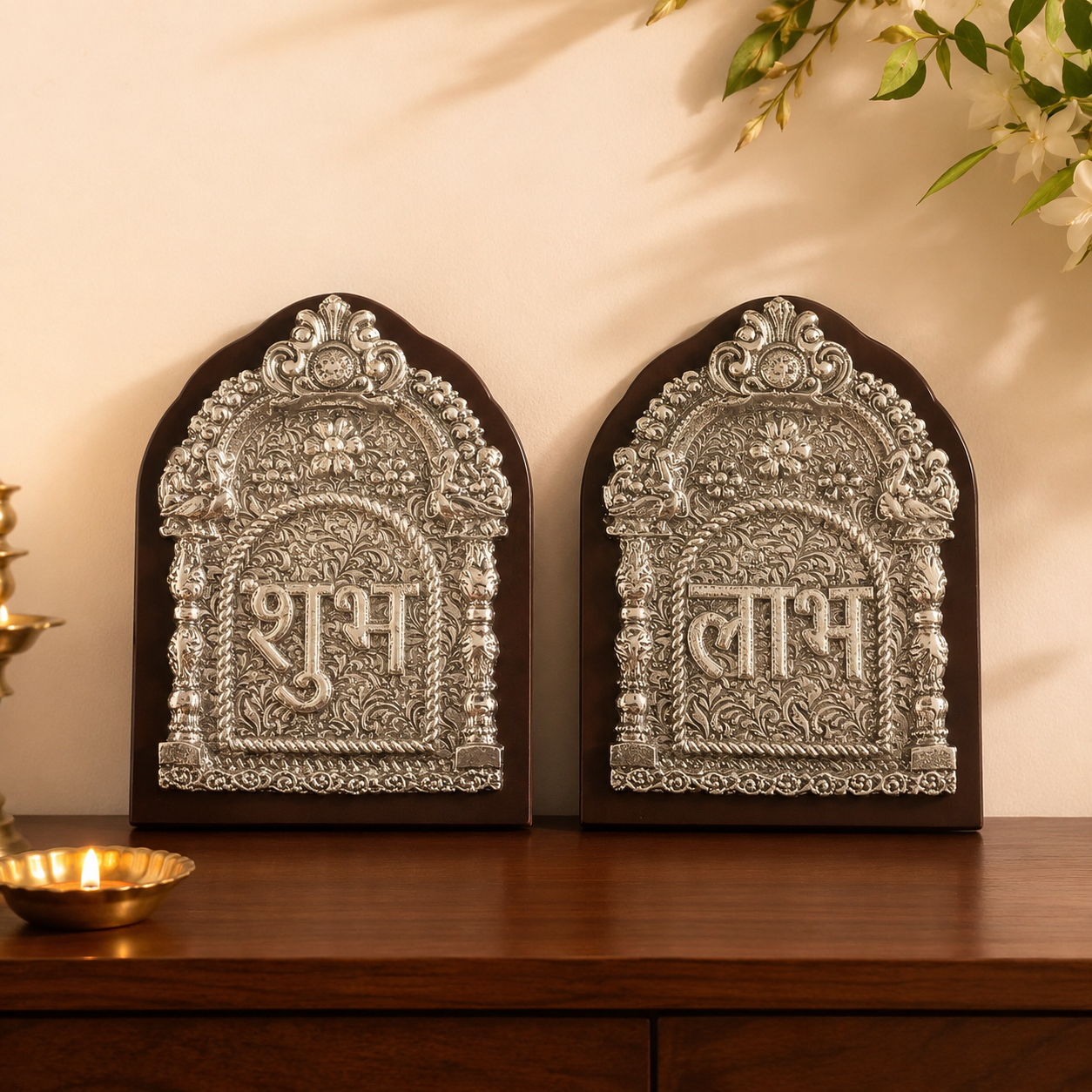 999 Silver Shubh Labh Wall Hanging Set with Wooden Base | Vastu & Entrance Decor | Luxury Gift