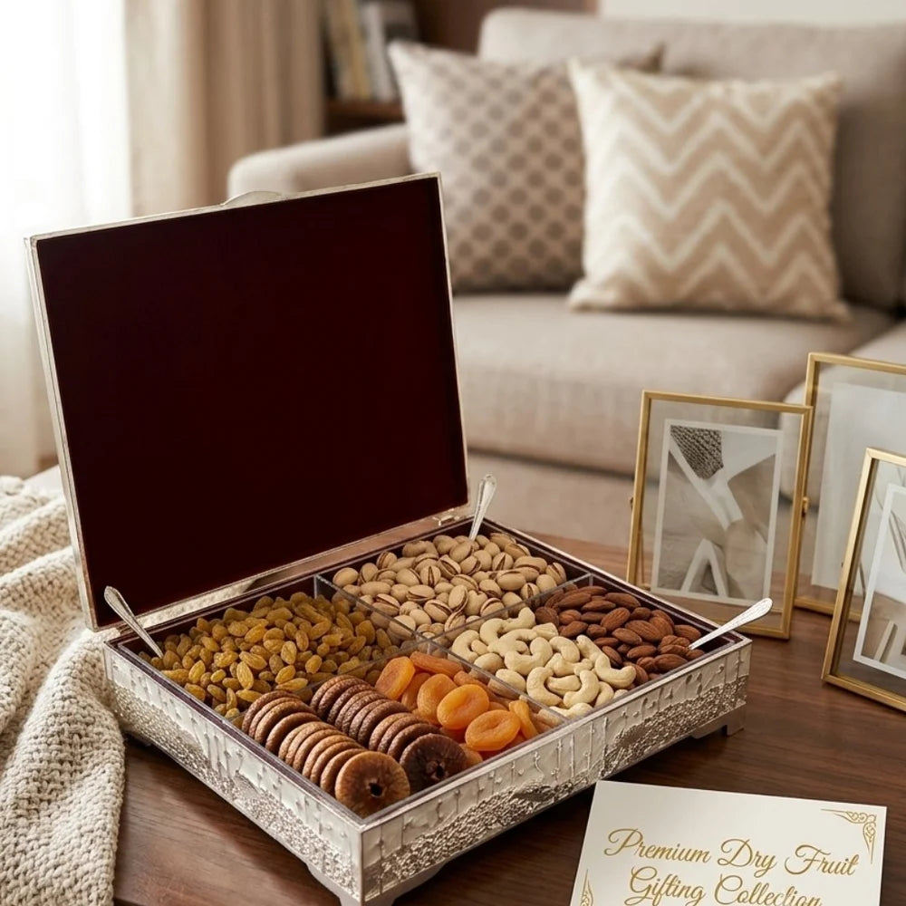 German Silver 4 Partition Dry Fruit Serving Box with Hinged Lid | Premium Dry Fruit Storage Box