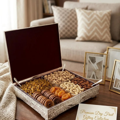 German Silver 4 Partition Dry Fruit Serving Box with Hinged Lid | Premium Dry Fruit Storage Box