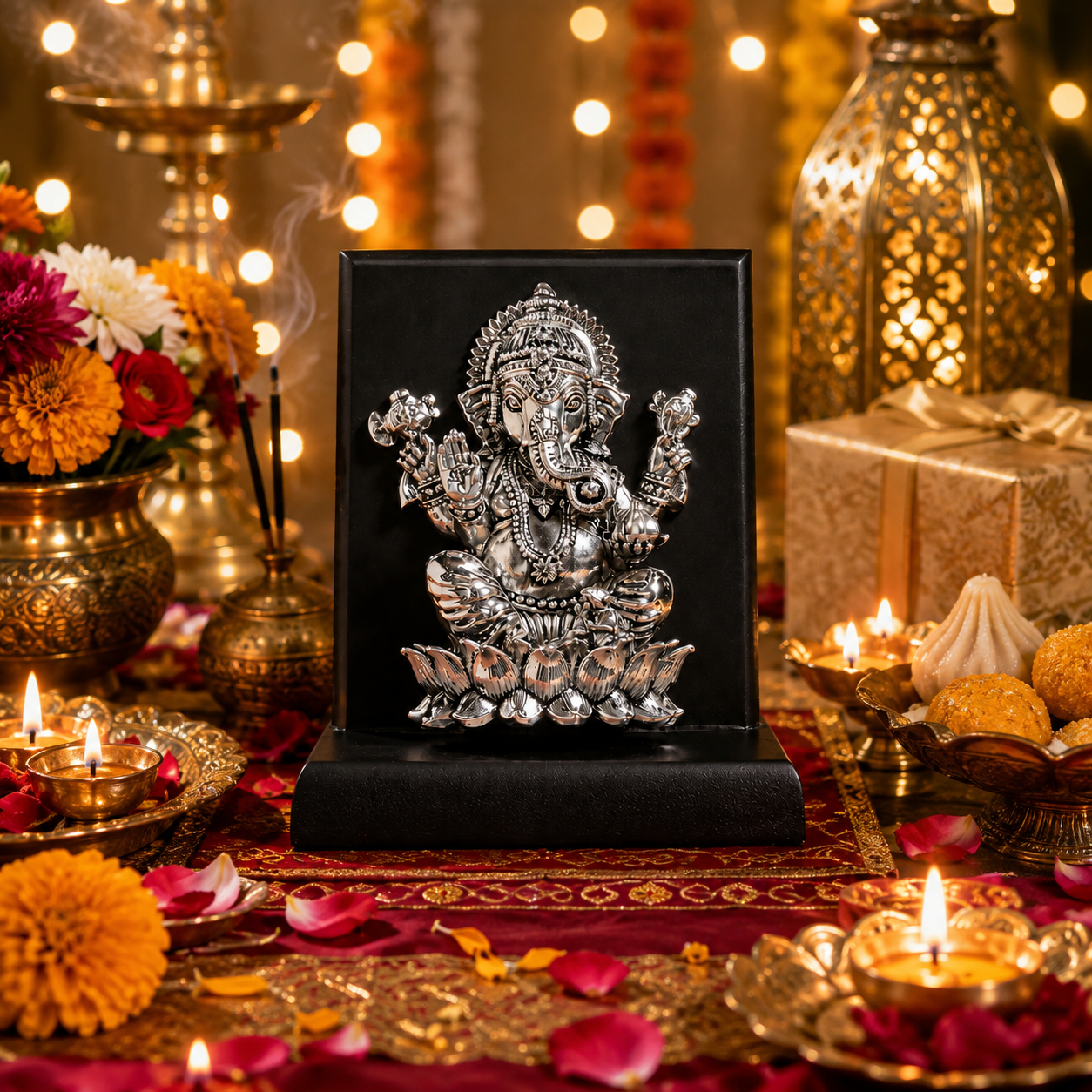 999 Pure Silver Lord Ganesha Idol on Wooden Base for Home & Office