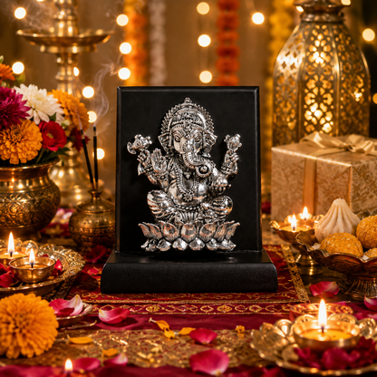999 Pure Silver Lord Ganesha Idol on Wooden Base for Home & Office