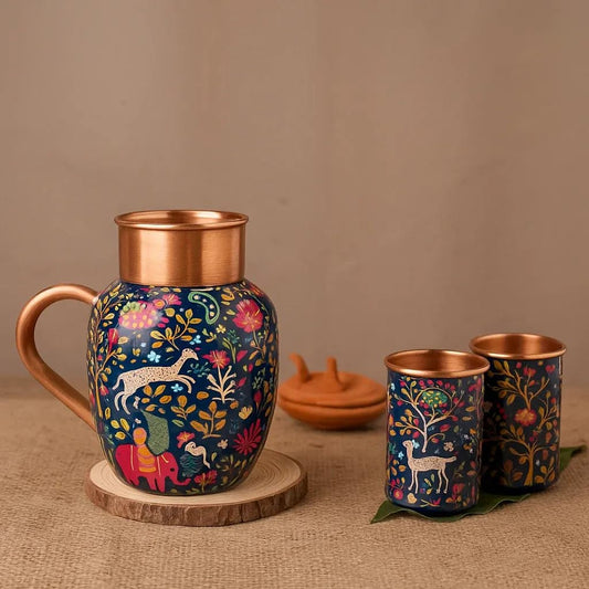 JAIN ART VILLA Pure Copper Water Jug with 2 Glasses Set, Traditional Ayurvedic Drinkware, Handcrafted Apple Pot for Home, Kitchen
